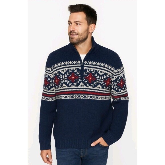 IZOD Sweater Men L 1/4 Zip Fair Isle Nordic Pullover Ski Navy Blue Preppy Chunky - Picture 1 of 16